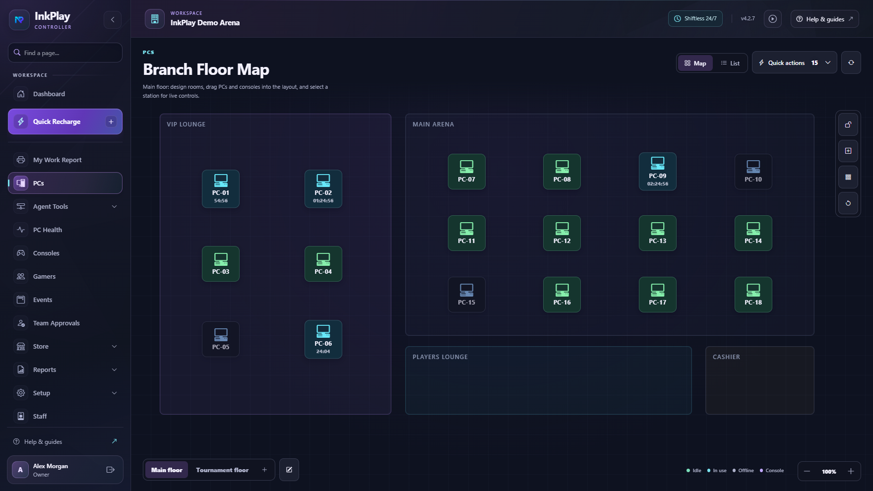 The InkPlay Controller PC map showing stations and session controls